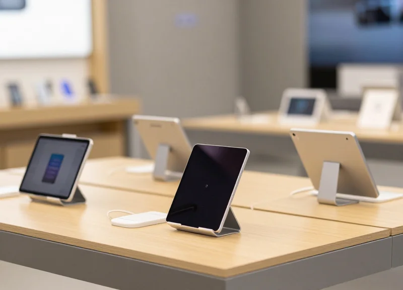Modern electronics retail store with open display tablets on security stands