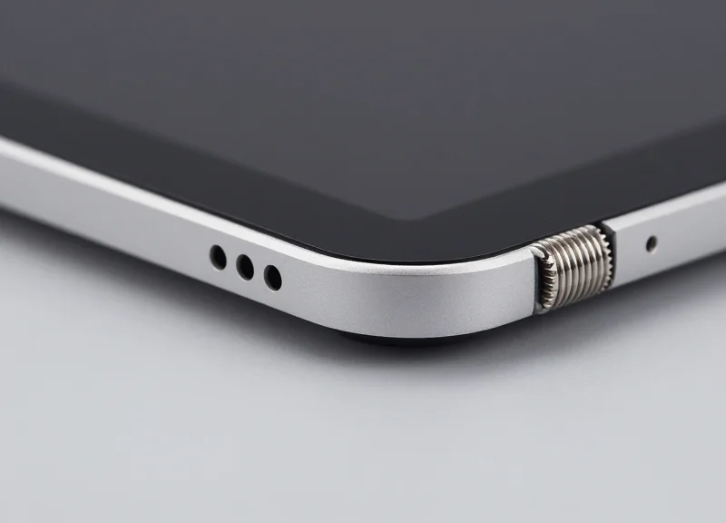Close-up of a non-damaging security pin on a tablet