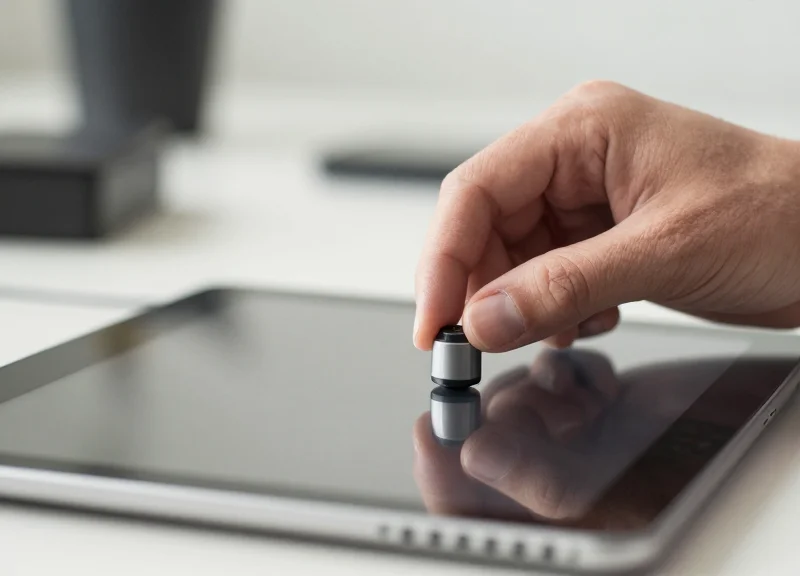 Technician hands installing a tablet security sensor