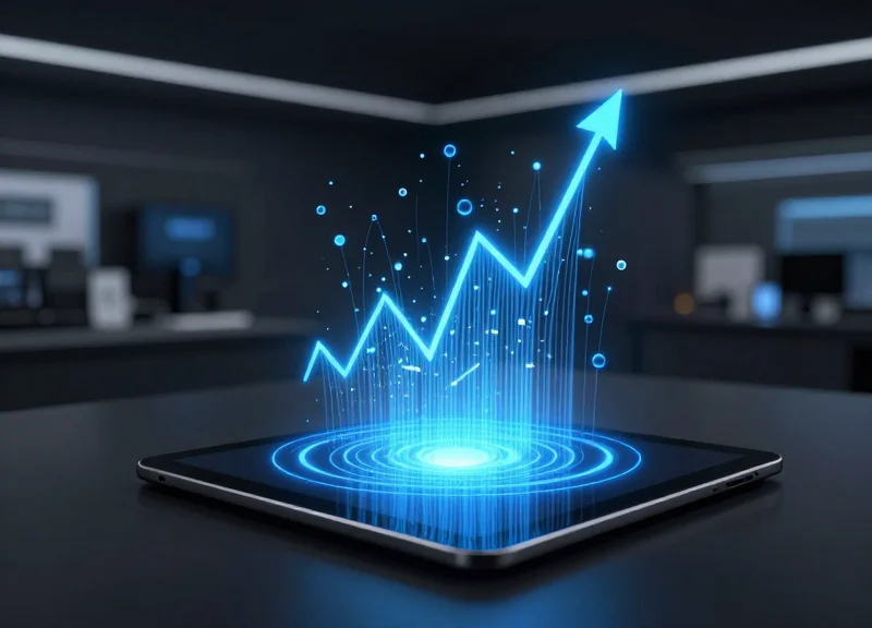 Abstract visualization of wireless security signals protecting electronic devices in a futuristic store.