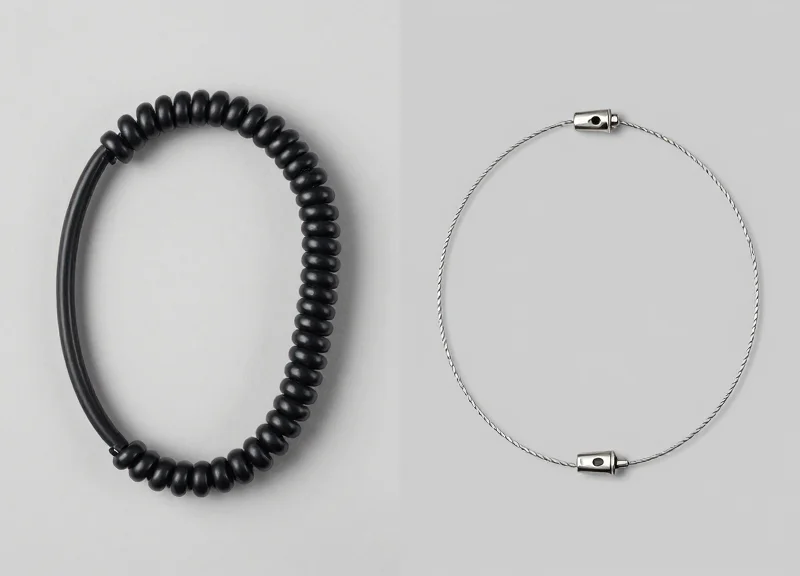 Side-by-side comparison of a coiled security cable and a retractable wire tether.