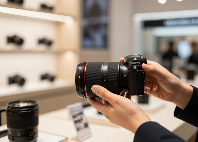 Close-up of a customer picking up a professional camera lens in a luxury retail environment