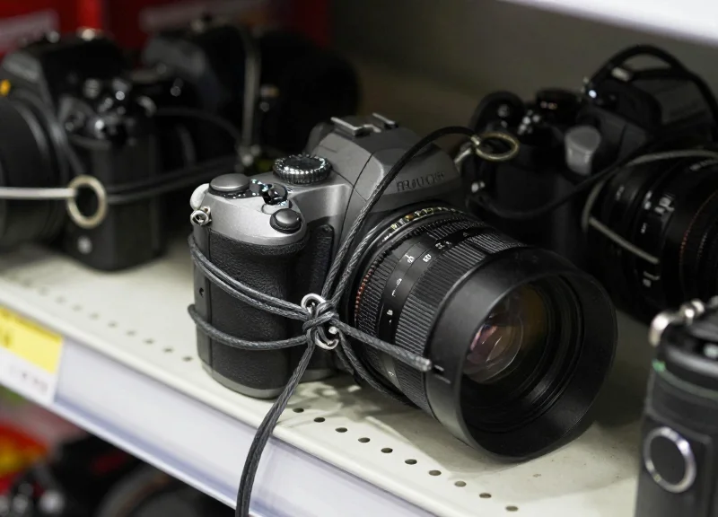 A digital camera secured by thick, tangled black security cables on a retail shelf.