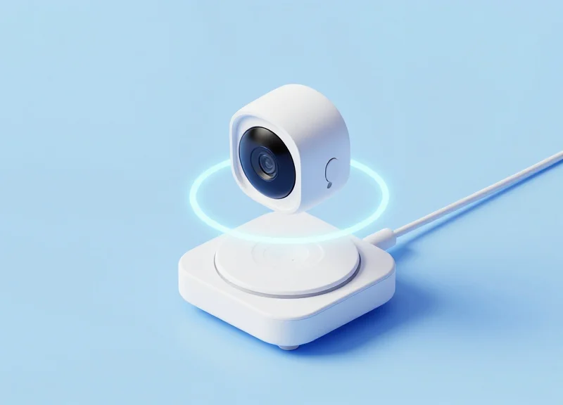 Isometric 3D illustration of a wireless camera security sensor system with a floating camera and glowing proximity zone.