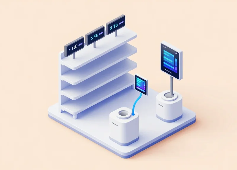 Isometric 3D illustration of a retail shelf with digital shelf labels and integrated security sensors.