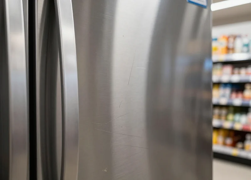 A close-up of a scratched stainless steel appliance surface emphasizing the damage caused by improper security tagging.