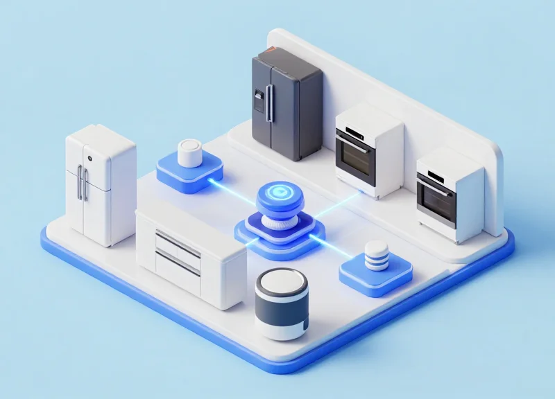 Isometric view of a smart retail store with high-value appliances connected to a tracking network.