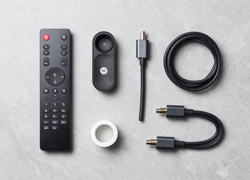 A collection of high-end appliance accessories including remote controls and cables neatly arranged