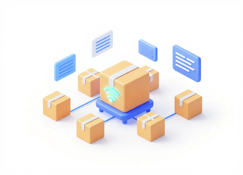 Isometric 3D illustration of an inventory tracking system with boxes and signal waves