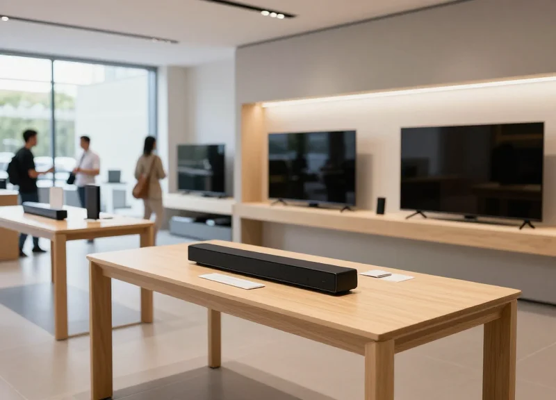 A modern, high-end electronics showroom with minimalist displays and customers interacting with devices.