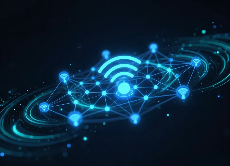 Abstract digital nodes and waves representing RFID tracking signals in a retail environment.