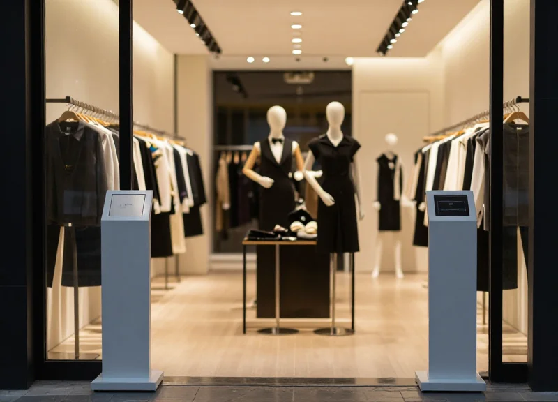 A modern luxury fashion showroom with traditional security pedestals at the entrance, soft lighting.