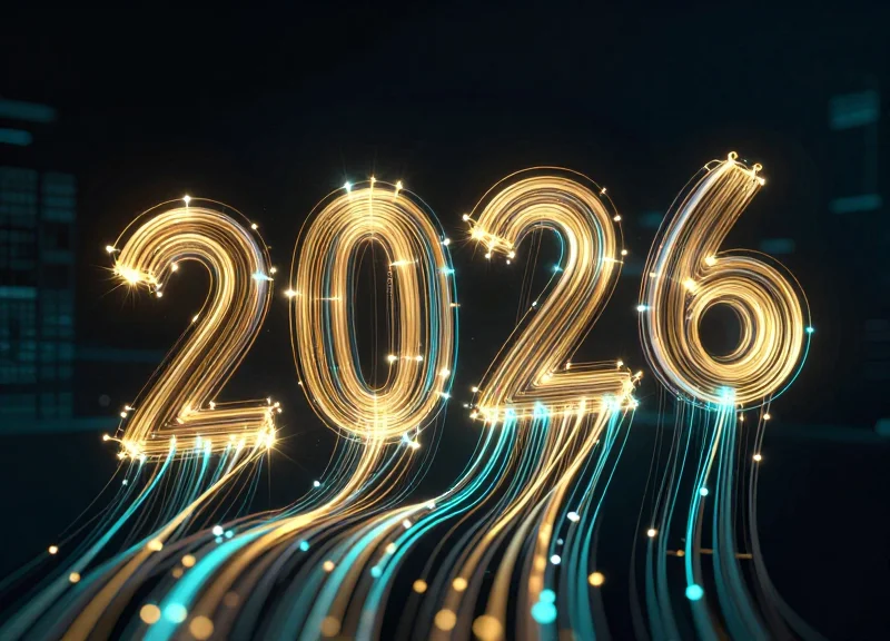 Abstract data visualization of futuristic technology trends with glowing nodes and fiber optics.