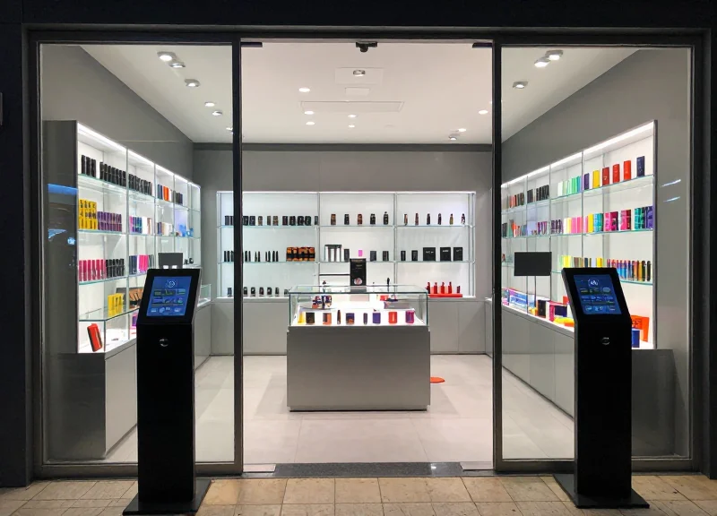 A modern, upscale vape shop interior with sleek glass displays and security pedestals at the entrance.