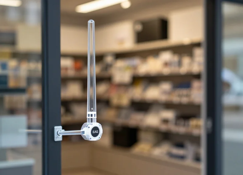A close-up of a modern acrylic security antenna installed at a store entrance.