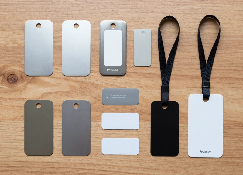 An organized collection of various retail security tags, bottle tags, and adhesive labels.