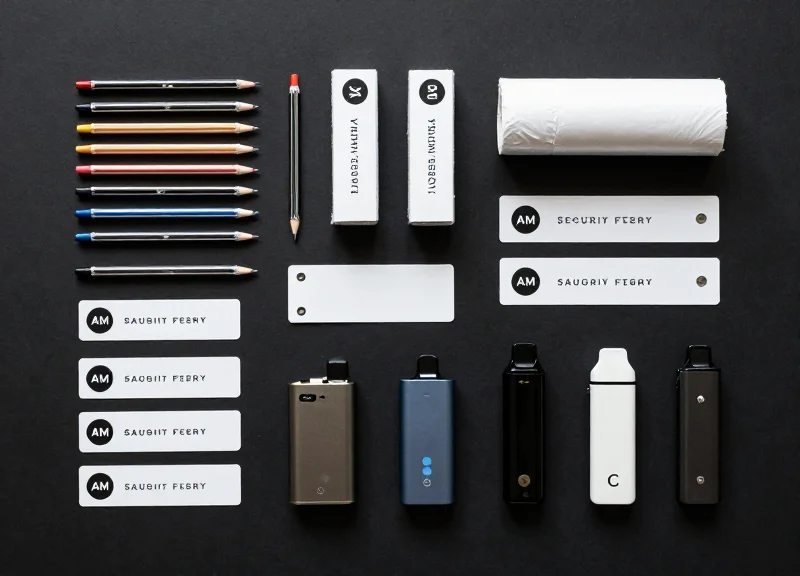 Organized arrangement of various EAS security tags, labels, and vape mod accessories