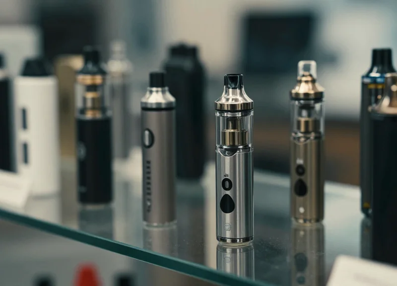 Close-up of high-value electronic vape pods displayed neatly on a retail shelf with soft bokeh background.
