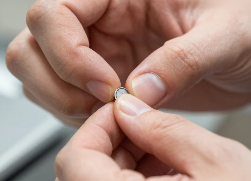 Close-up of a person's hands carefully applying a tiny 15mm security label to the side of a vape pod.