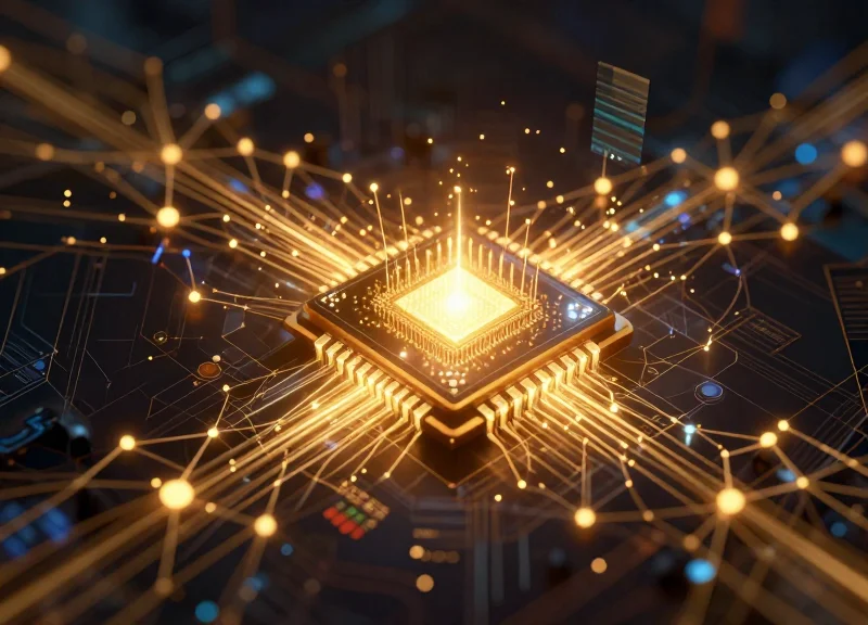 Futuristic digital network representing RFID technology and data connectivity.