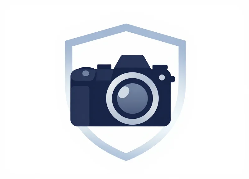 Abstract illustration of a high-end camera protected by a digital shield, representing non-damaging security.