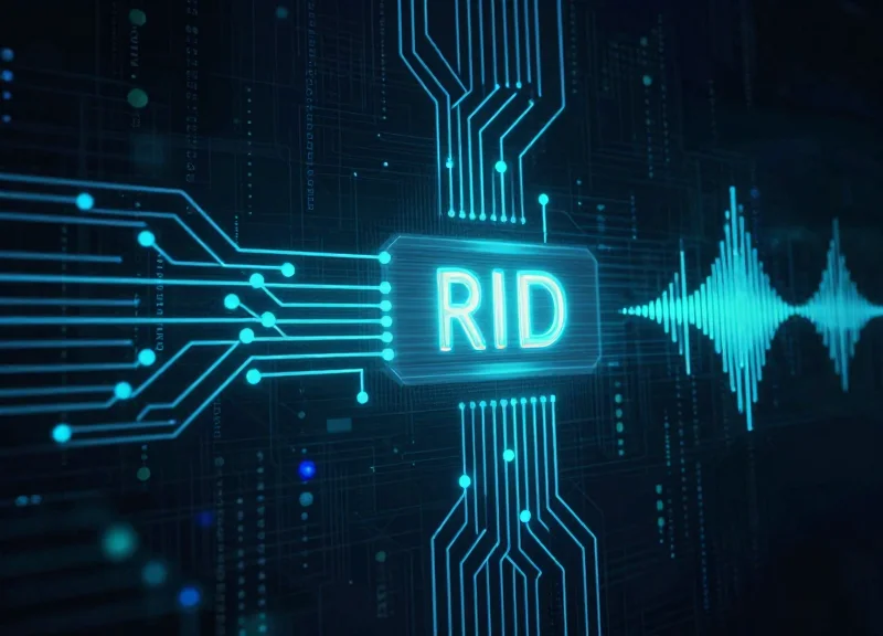 Abstract visualization of RFID and EAS signal waves for asset tracking.