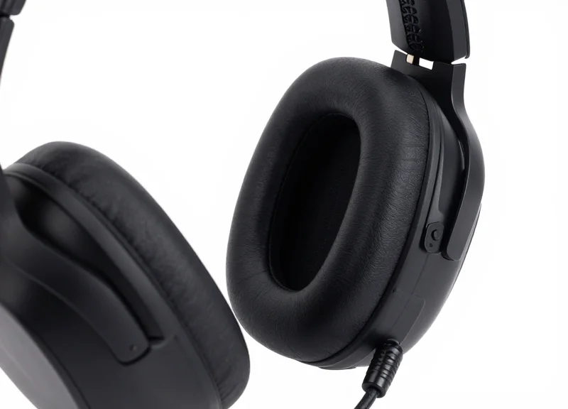 A close-up of a professional gaming headset with a sleek, integrated security tag attached to the cable.