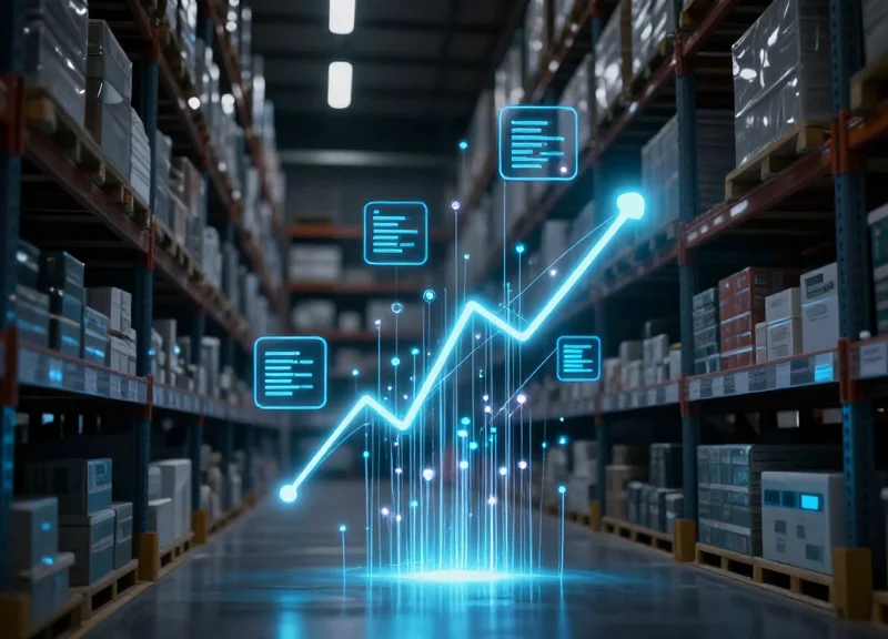 Futuristic concept of a digital retail network with floating RFID and data nodes.