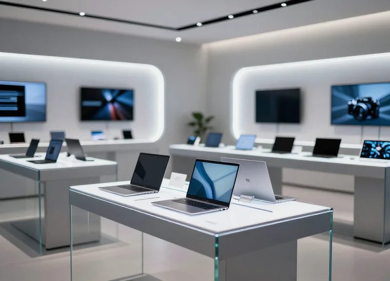A modern tech rental showroom in 2026 with high-end laptops and cameras on sleek displays