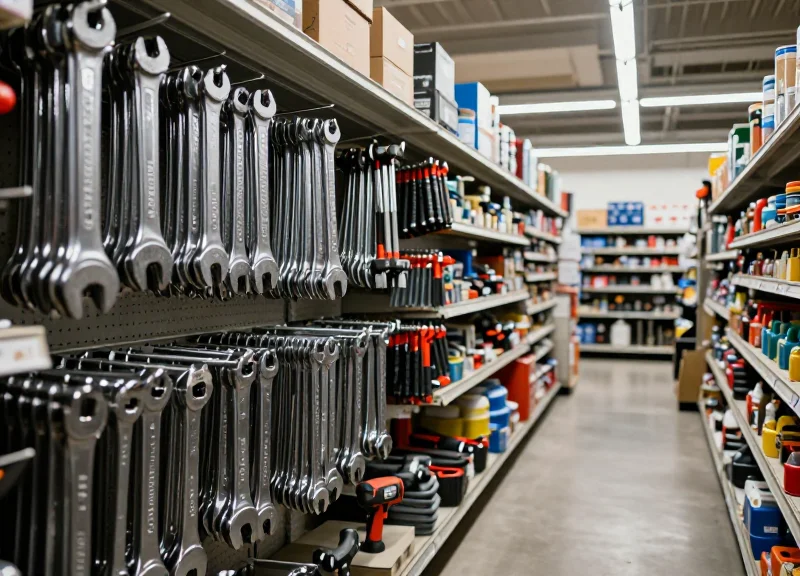 A modern hardware store aisle filled with metal tools and power equipment under bright retail lighting.
