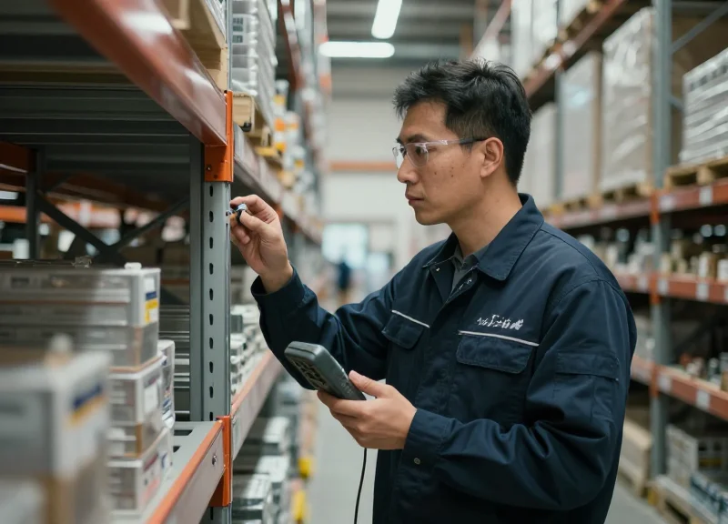 Technician conducting an environmental audit in a retail warehouse with metal shelving.