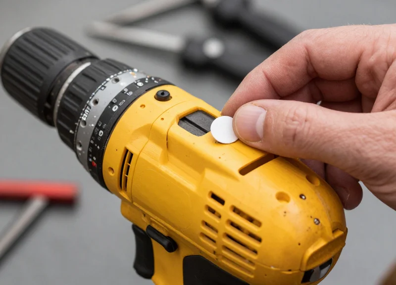 Hand applying a small security tag to a power drill tool.