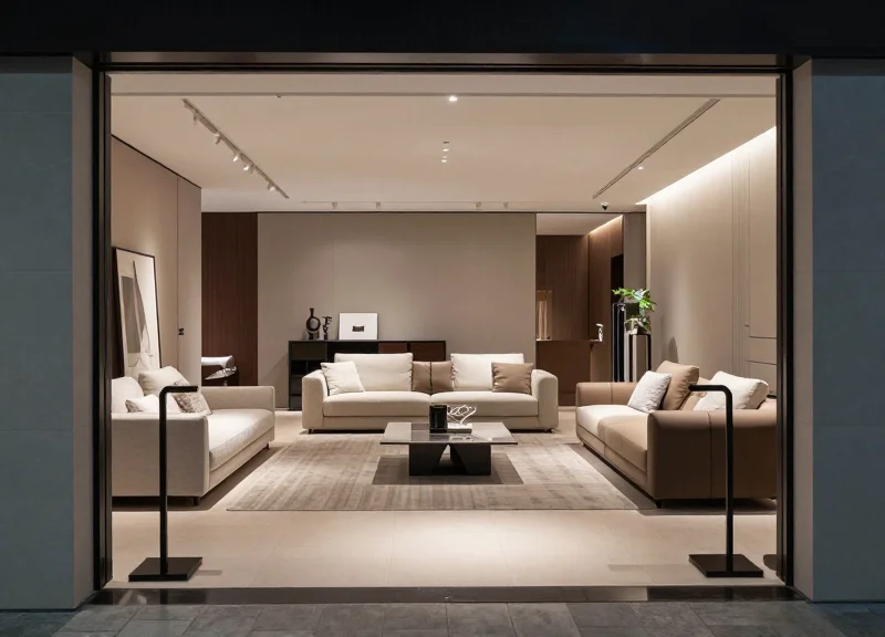 A luxury modern furniture showroom with open-concept layout and minimalist security pedestals at the entrance.