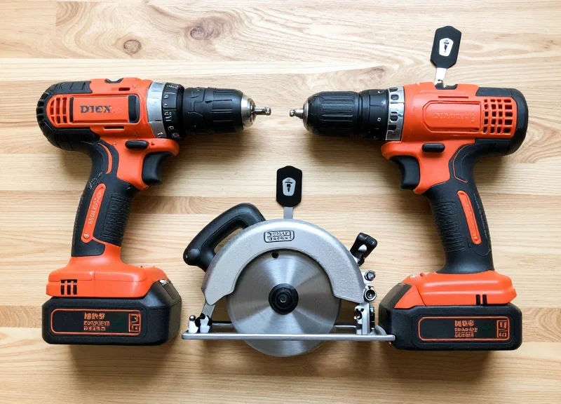 Flat lay of high-value hardware tools with security tags attached, neatly arranged on a wooden surface.
