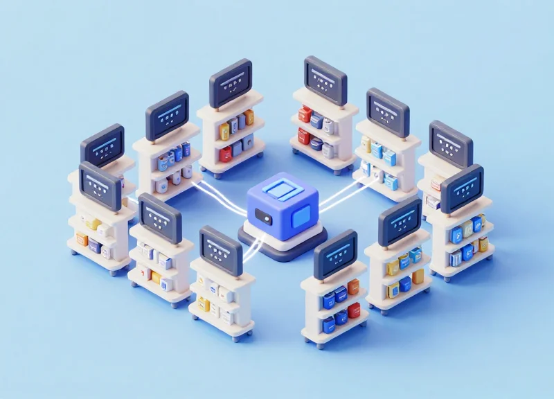 Isometric 3D illustration of an integrated retail security system including shelf sensors and inventory trackers.