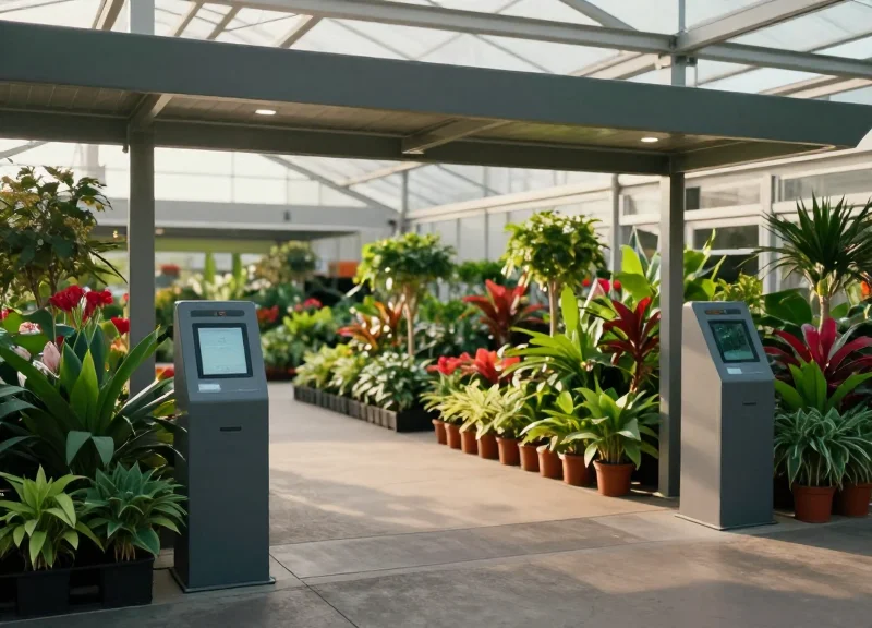 Modern garden center entrance with high-tech security gates and lush greenery in 2026