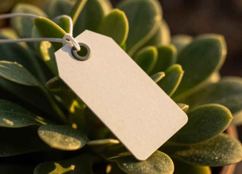 EAS security tag hanging on a plant leaf under intense summer sunlight
