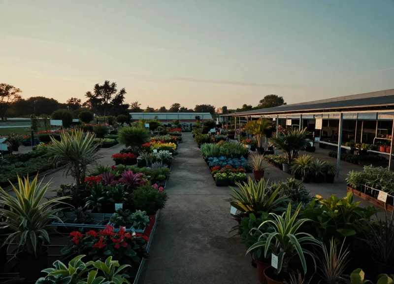 A wide angle shot of an outdoor garden center at dusk with rows of plants, illustrating the vulnerability of open retail spaces.