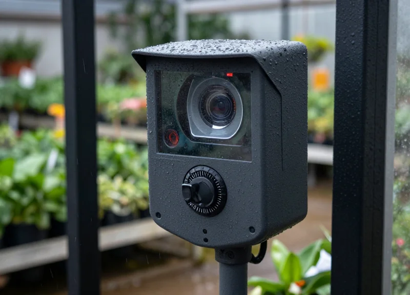 A weather-shielded electronic security pedestal standing at a garden nursery entrance during rain.