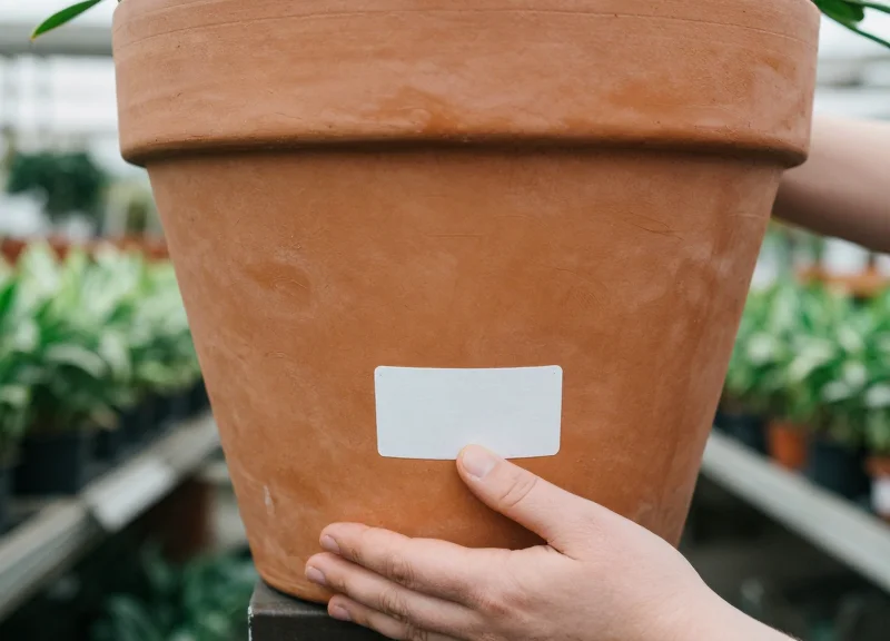 Correct placement of a security label at the base of a plant pot in a garden center.