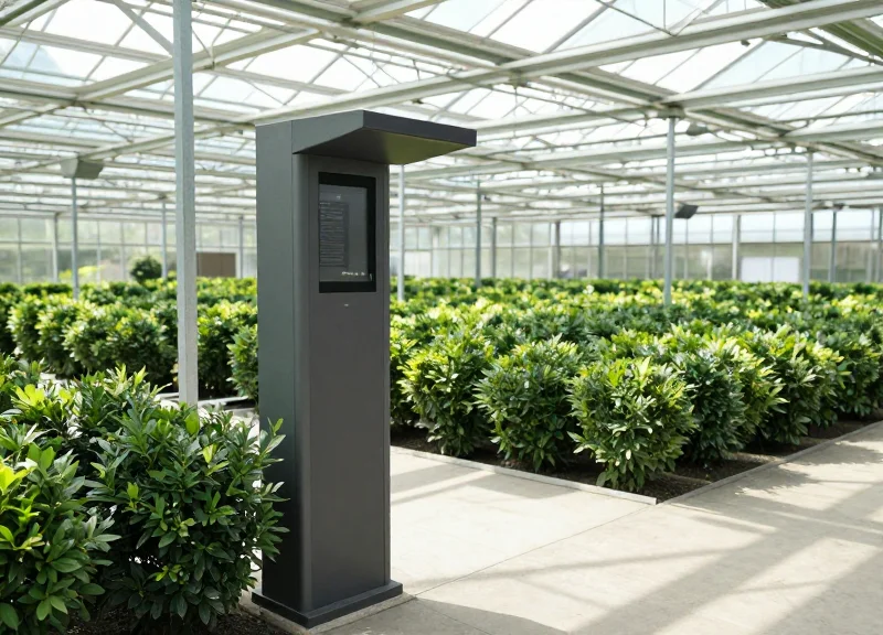 A professional security pedestal at the exit of a large commercial plant nursery.