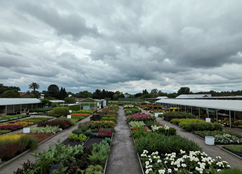 Wide shot of a sprawling outdoor garden center showing the challenge of securing large open spaces