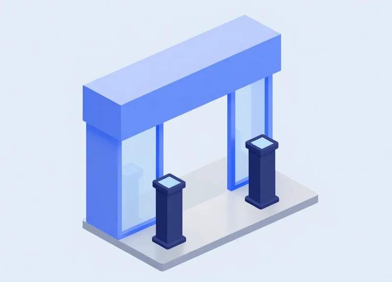 A 3D isometric model of a store entrance showing the correct placement of security pedestals.