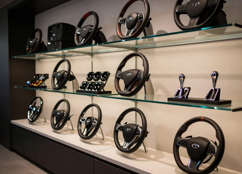 Wide shot of a luxury automotive accessory boutique with high-end steering wheels and chrome parts on display.