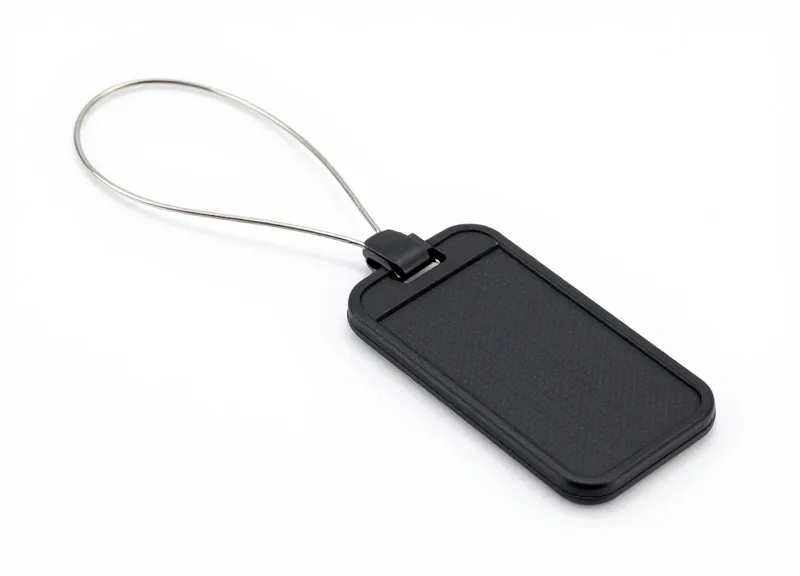 Close-up of a 15mm flexible lanyard security tag on a white background.