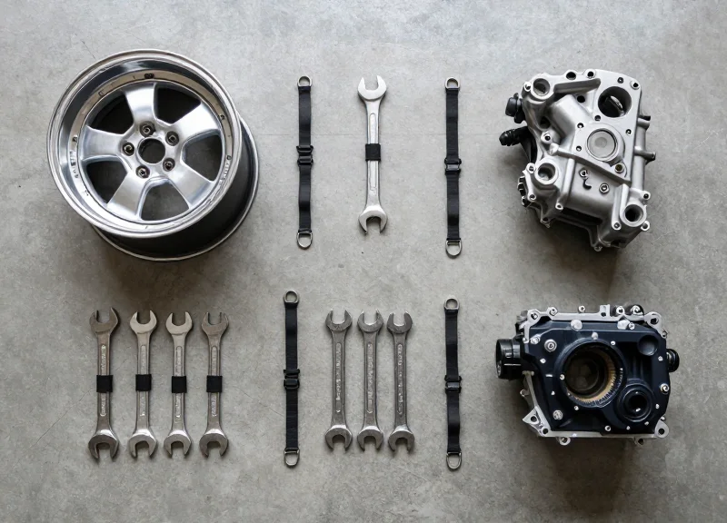 A collection of various car parts like rims and tools secured with lanyards on a flat surface.