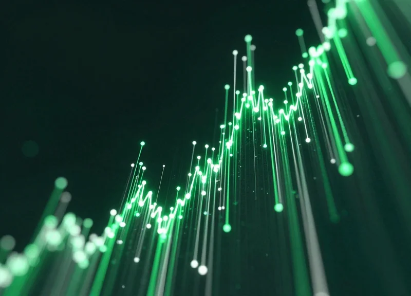 Abstract digital visualization of security growth and cost reduction with glowing nodes.