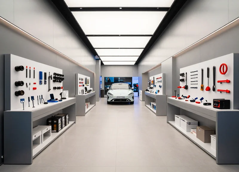 A wide-angle view of a modern, brightly lit automotive retail store with organized shelves of car accessories and tools.