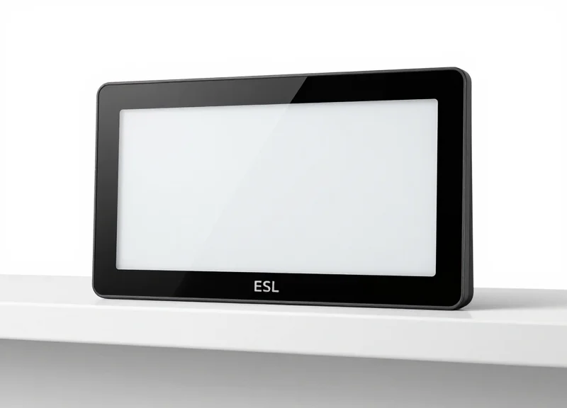 A sleek, modern electronic shelf label with a blank digital display mounted on a retail shelf.