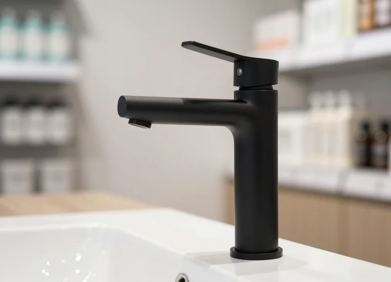 A minimalist matte black faucet with a low-profile security sensor that blends into the design.